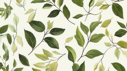 Delicate botanical illustration of leaves and branches.