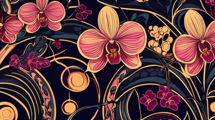 Ornate floral pattern with orchids and decorative elements.