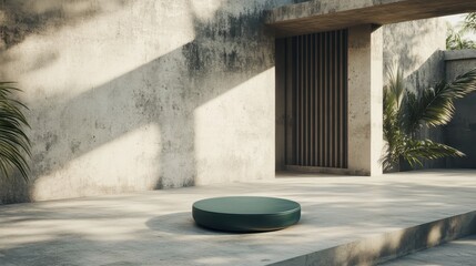 Empty, circular display podium in a concrete outdoor setting.