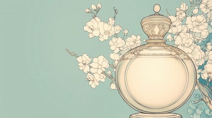 Ornate perfume bottle illustration with floral embellishment.