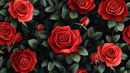Obraz premium Elegant red roses with dark green leaves, creating a luxurious floral pattern