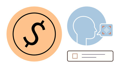 Dollar sign in peach circle, human profile with voice recognition graphics, checklist element. Ideal for technology, fintech, innovation, voice command, AI finance data flow. Simple flat metaphor