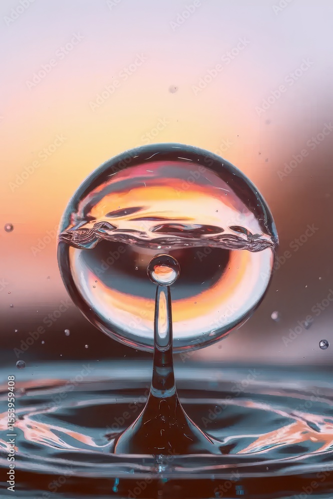 Poster captivating macro shot featuring a water drop collision with liquid surface