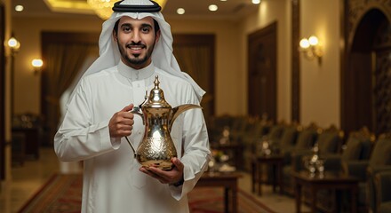 Smiling Saudi Man Proudly Presents Ornate Coffee Pot in Luxurious Setting