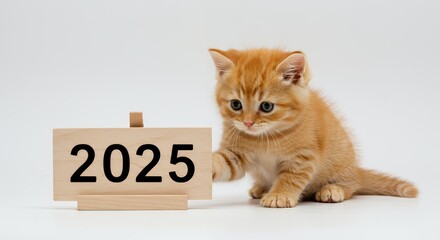 Orange Kitten with Wooden 2025 Sign on White Background Showing Anticipation for the New Year