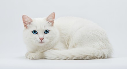 Serene White Cat with Striking Blue Eyes Resting Isolated on White Background