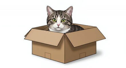 Tabby Cat Inside a Brown Cardboard Box Isolated on White Background Neutral Light Furry Domestic Animal Looking At Camera in Studio Shot Open Box Portrait Cute Feline