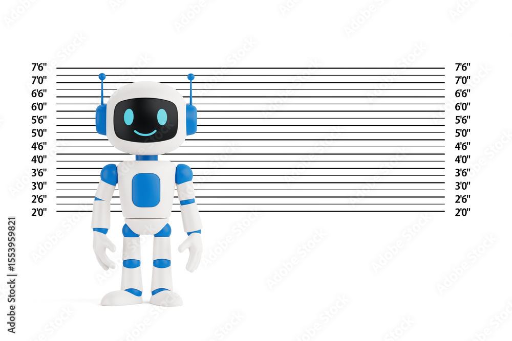 Aufkleber technology humor concept. cute friendly ai robot mascot in front of police lineup height chart. 3d r