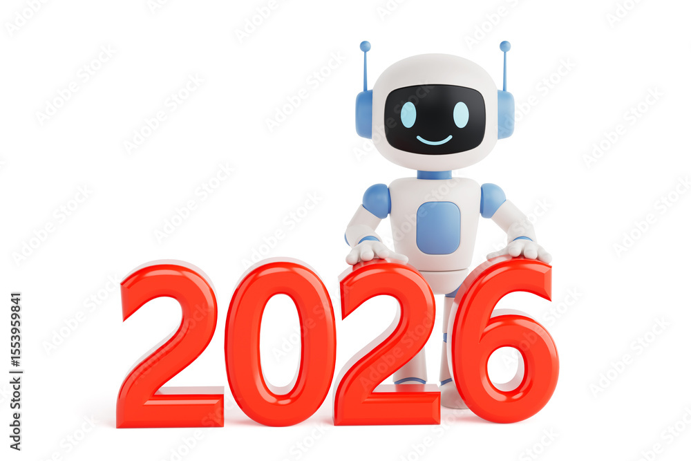 Poster Future Technology and New Year Celebration. Cute Friendly AI Robot Standing Behind Red 2026 New Year Sign. 3d Rendering