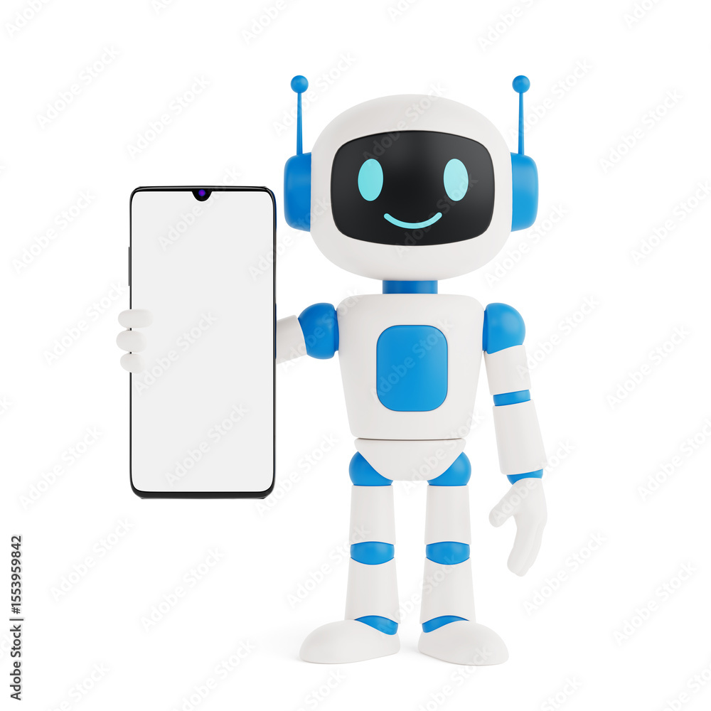 Poster Technology And Communication Concept. Cute Friendly AI Robot Mascot Holding Blank Smartphone With White Screen. 3d Rendering