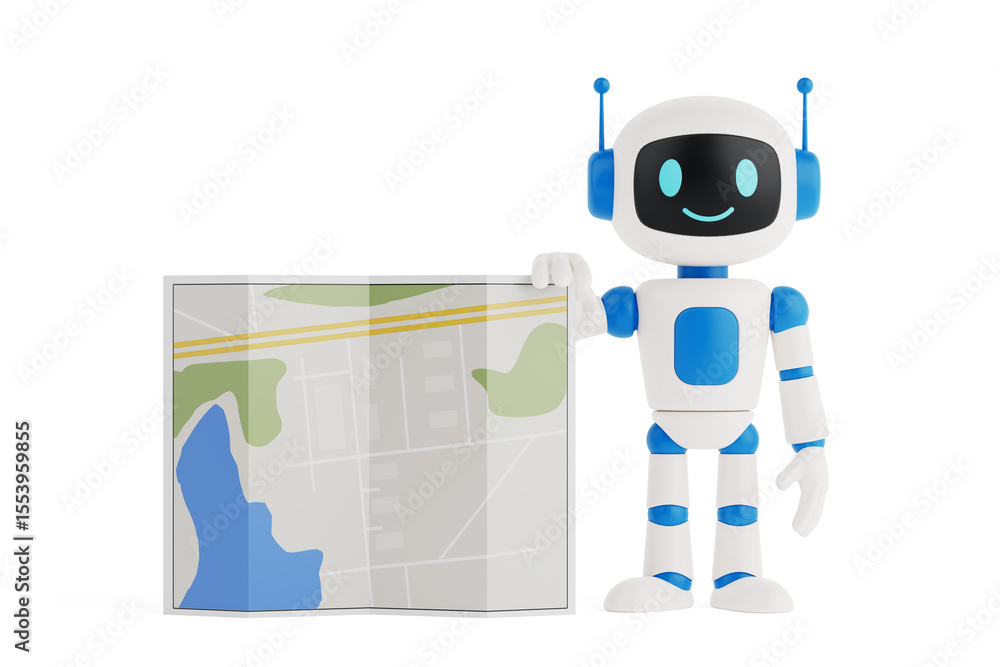 Poster navigation technology concept. smiling ai robot holding city map. 3d rendering