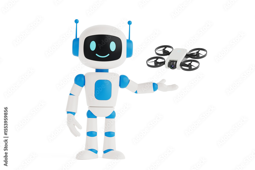 Poster Modern Technology Exploration Concept. Friendly Ai Robot Controlling Small Camera Drone. 3d Rendering