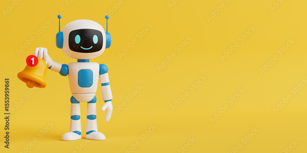 Poster Notification Alert Concept. Smiling Ai Robot Holding Yellow Bell With One Message Badge. 3d Rendering