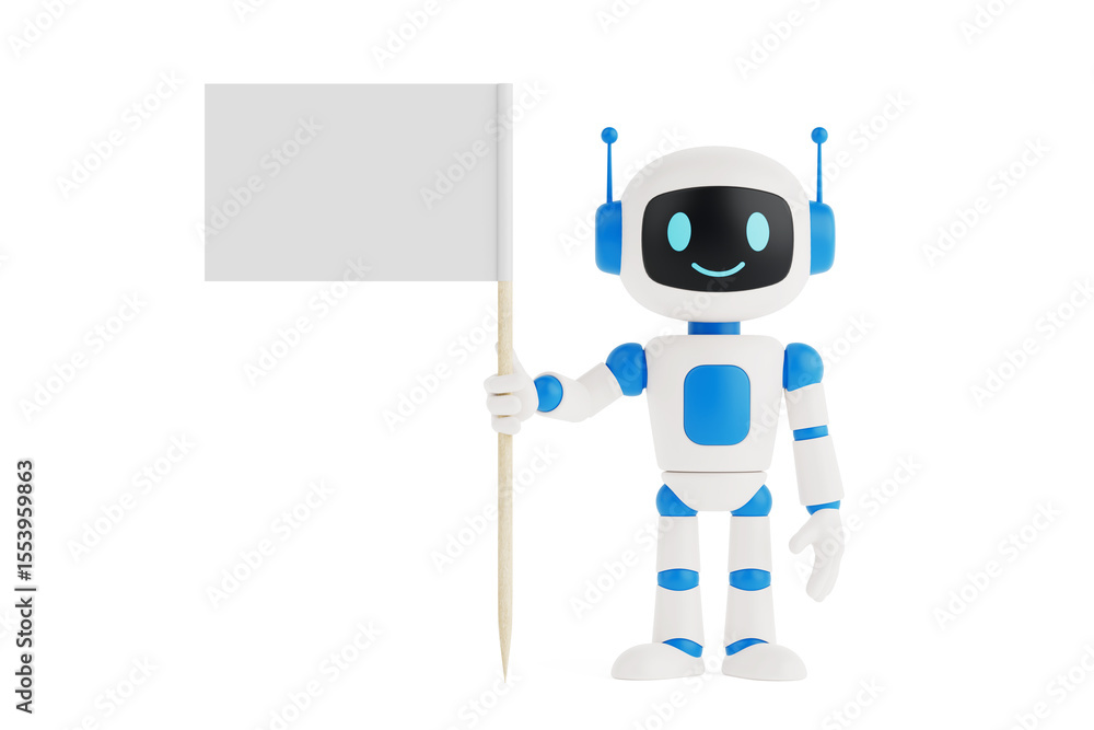 Aufkleber message delivery and communication concept. cheerful ai robot holding blank flag sign. 3d rendering
