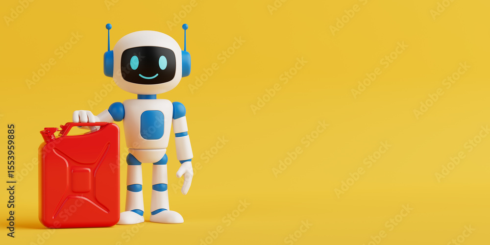Poster Energy And Fuel Concept. Smiling AI Robot Standing With Red Jerrycan. 3d Rendering