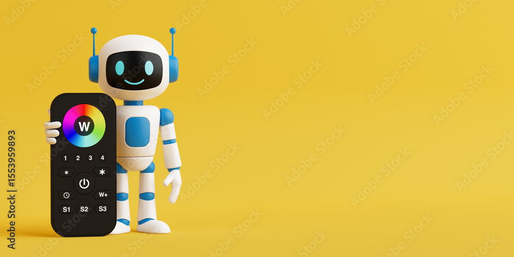 Poster Smart Light Control And AI Technology Concept. Friendly AI Robot Holding Colorful Light Remote Controller. 3d Rendering