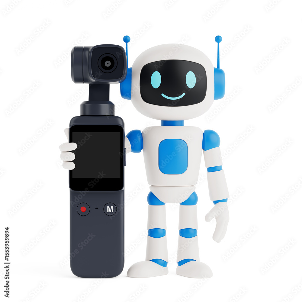 Poster Content Creation And AI Concept. Smiling AI Robot Holding Action Camera. 3d Rendering