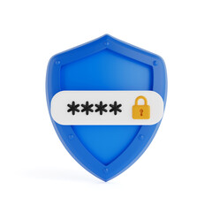 Cybersecurity And Privacy Concept. Blue Shield With Password Field And Lock Icon. 3d Rendering