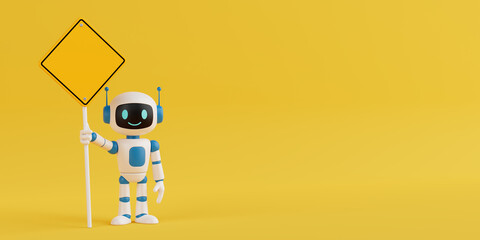 Technology And Caution Concept. Cute Friendly AI Robot Mascot Holding Blank Warning Road Sign. 3d...