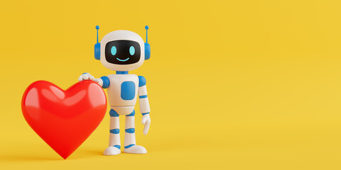 Emotional Technology Concept. Cute Friendly AI Robot Mascot Holding Red Heart. 3d Rendering