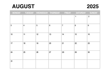 August 2025 Monthly Calendar Planner Template. 3d Rendering