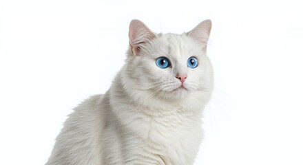 Stunning Close-Up Portrait of White Cat with Blue Eyes Isolated on White Background with Soft Fur and Fluffy Texture In Studio Lighting