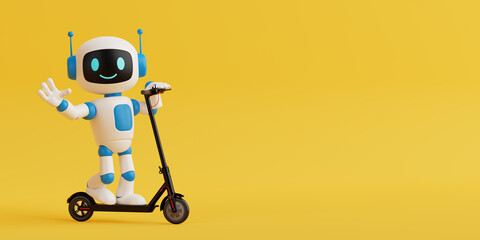Urban Mobility And AI Integration Concept. Cheerful Ai Robot Riding Electric Scooter. 3d Rendering