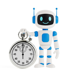 Time Management And Productivity Concept. Smiling Ai Robot Holding Stopwatch. 3d Rendering