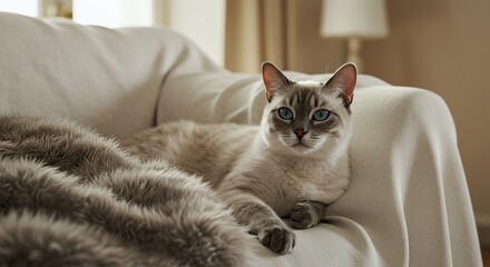 Portrait of A Serene Feline with Azure Eyes Reclining on Ivory Linen Sofa Adorned with A Faux Fur Blanket Displaying Regal Tranquility and Comfort