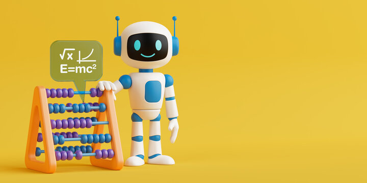 Education And Intelligence Concept. Cute Ai Robot Standing With Abacus And Math Symbols. 3d Rendering