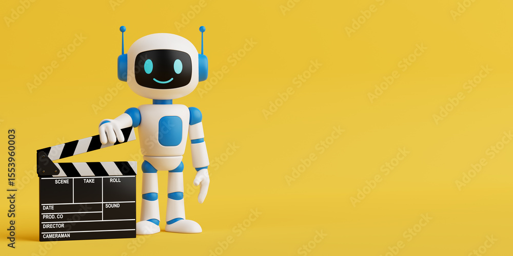Poster Cybersecurity Protection Concept. Smiling AI Robot Holding Red Shield Symbolizing Digital Safety. 3d Rendering