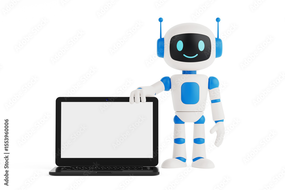 Poster Digital Communication And AI Technology. Smiling AI Robot Holding Laptop With Blank Screen. 3d Rendering