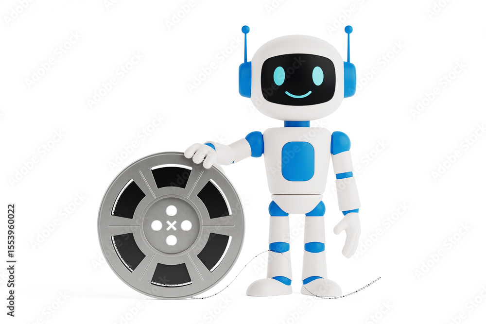 Poster Artificial Intelligence Assistance Concept. Friendly AI Robot Standing With Vintage Film Reel. 3d Rendering