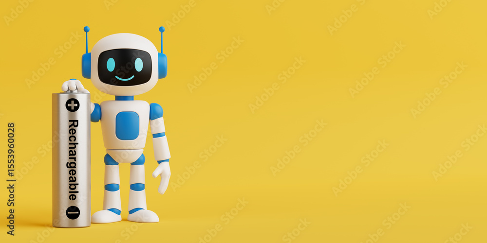 Poster Energy Efficiency And Sustainable Power Concept. Cute AI Robot Standing With Large Rechargeable Battery. 3d Rendering
