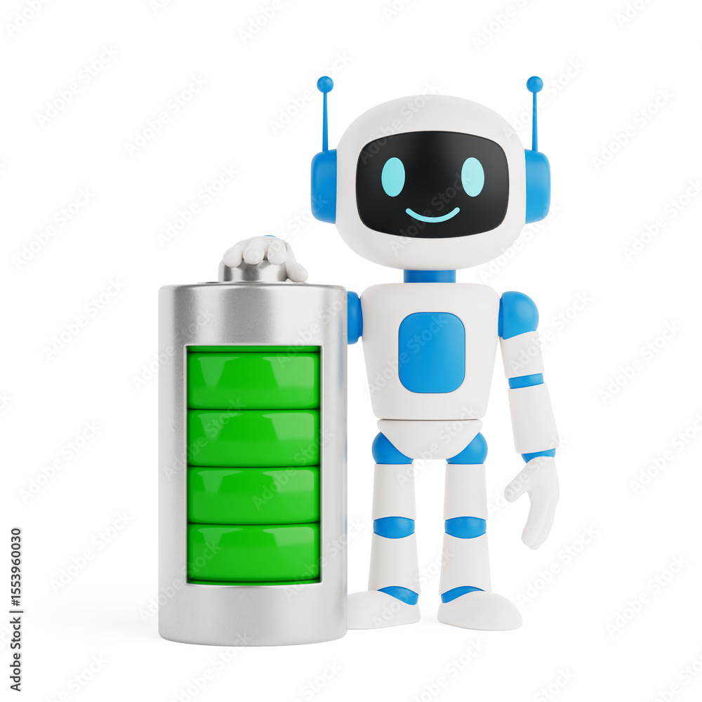 Poster Energy Optimization And Power Supply Concept. Cute AI Robot Standing Next To Fully Charged Battery. 3d Rendering