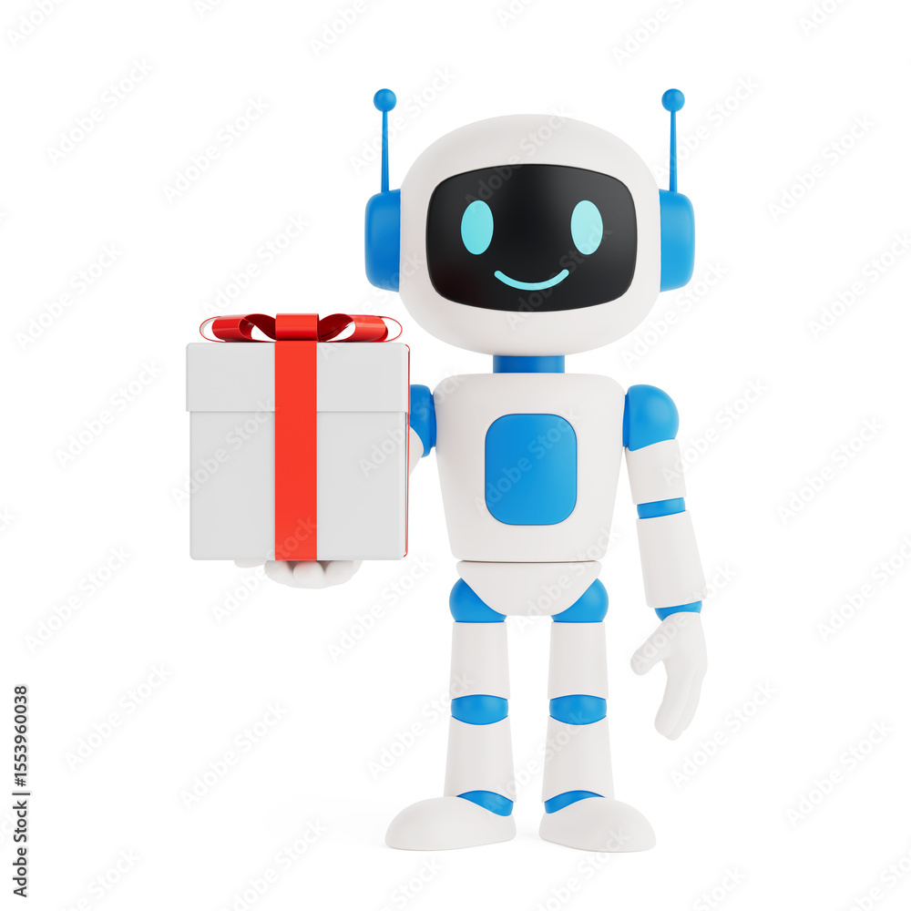 Poster artificial intelligence gift giving concept. smiling ai robot holding gift box. 3d rendering