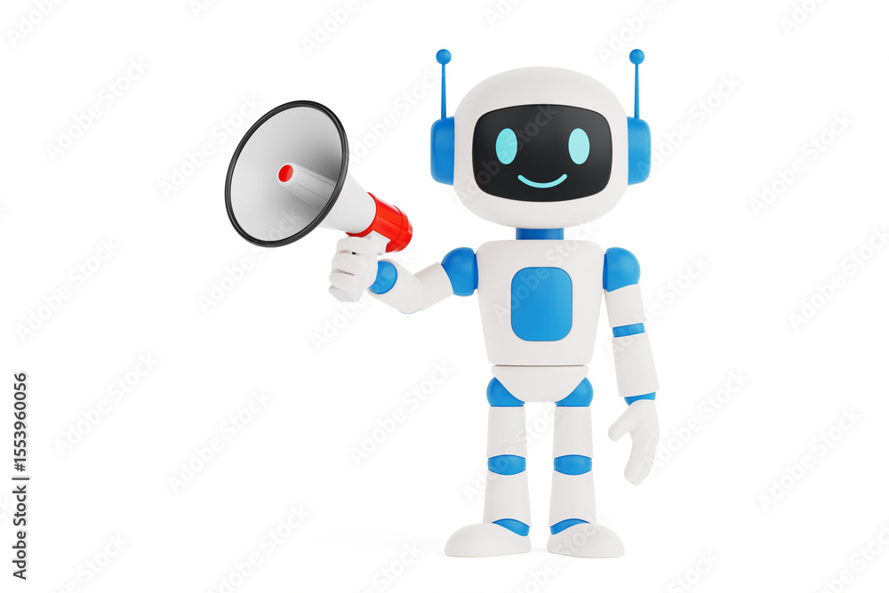 Poster communication and attention concept. cute friendly ai robot mascot holding megaphone. 3d rendering