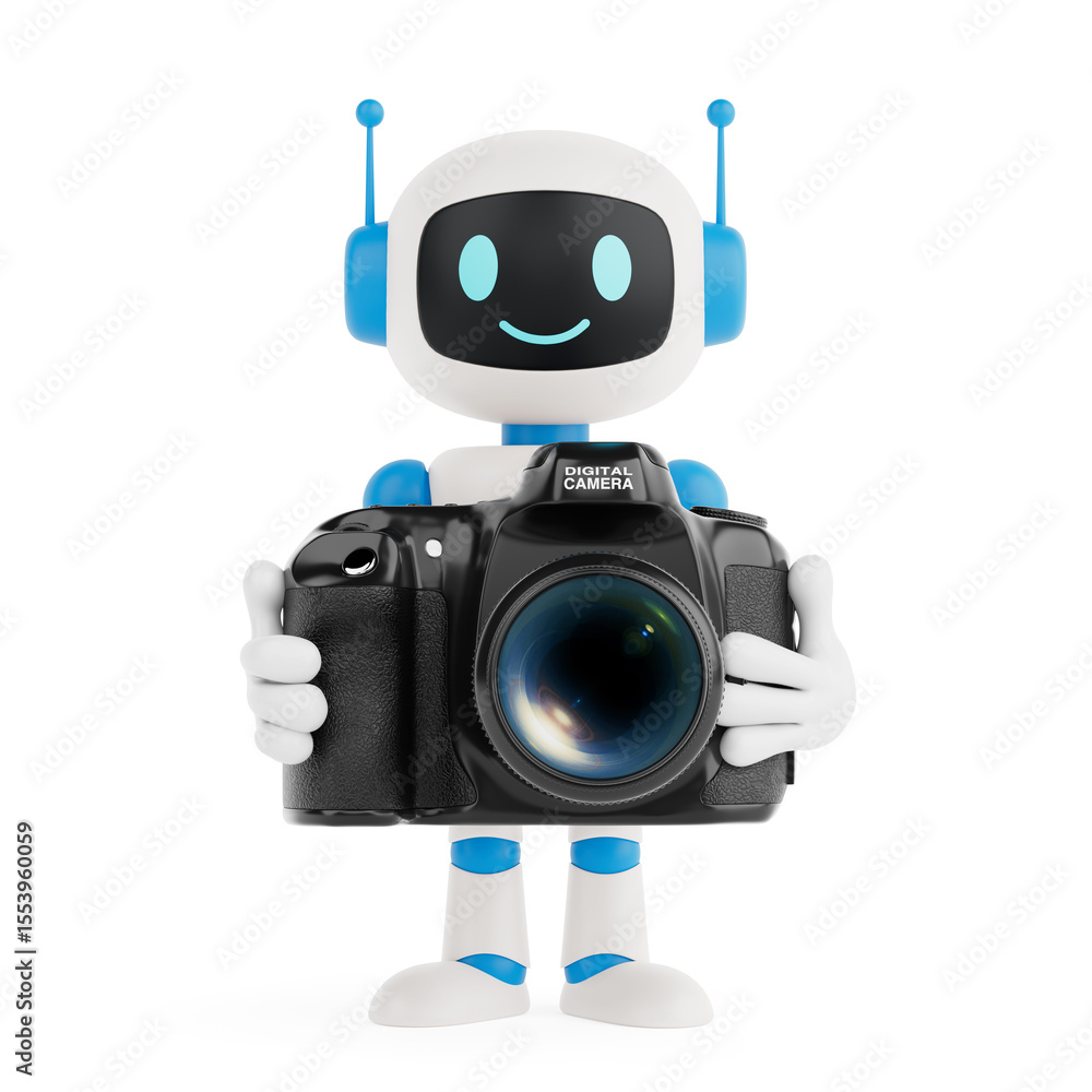 Poster creativity and technology concept. cute friendly ai robot mascot holding digital camera. 3d renderin