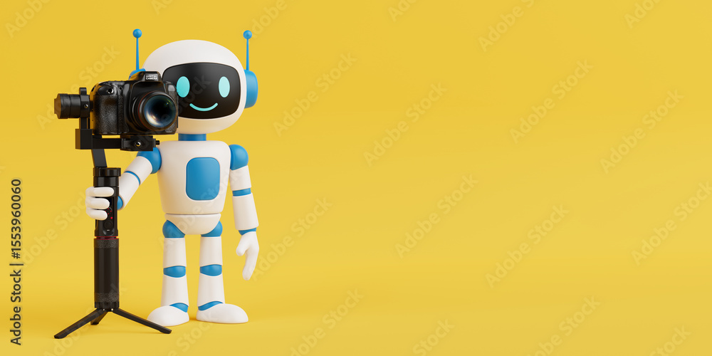 Poster creativity and technology concept. cute friendly ai robot mascot holding professional camera on trip