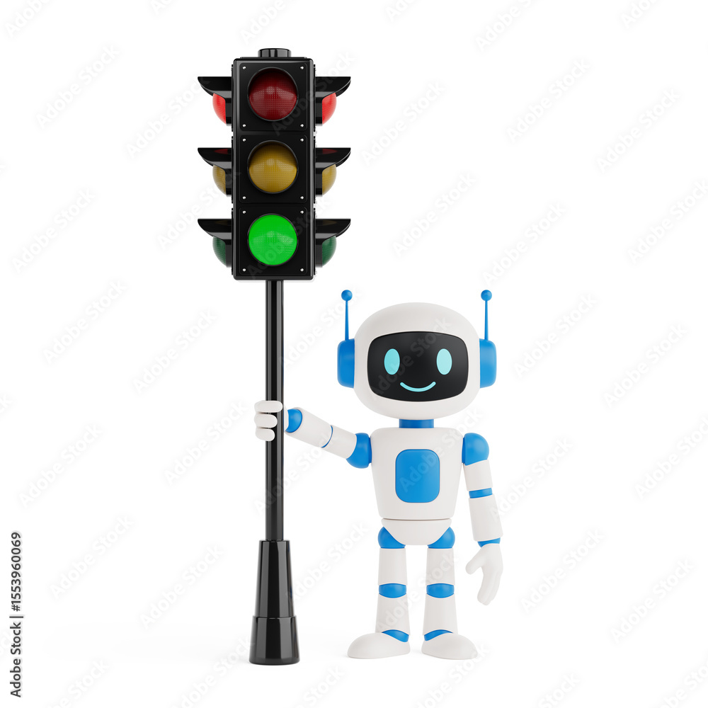 Poster safety and navigation concept. cute friendly ai robot mascot standing with traffic ligh. 3d renderin