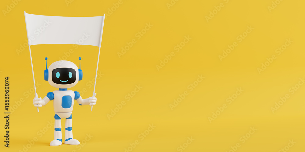 Poster communication and message concept. cute friendly ai robot mascot holding blank banner white flag. 3d