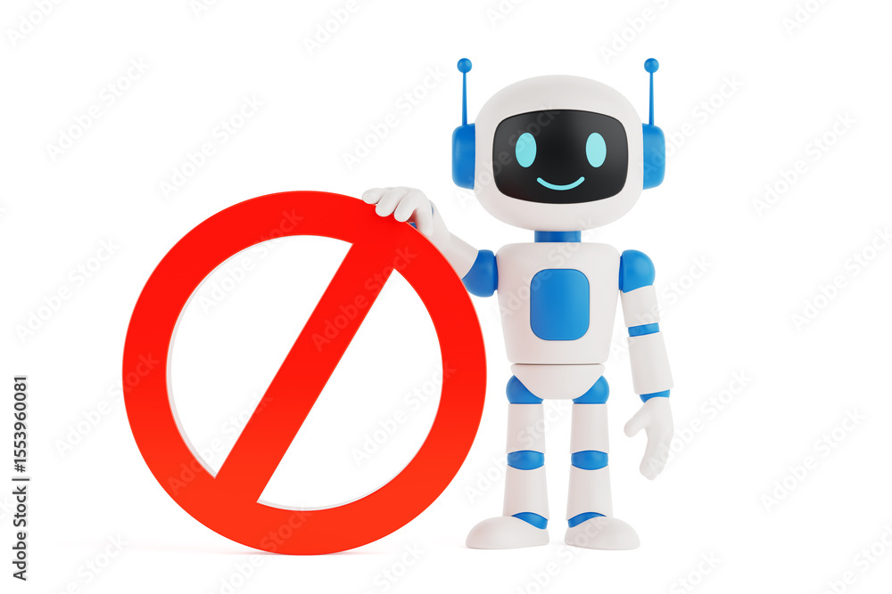 Aufkleber warning and restriction concept. cute friendly ai robot mascot holding red prohibition symbol. 3d re
