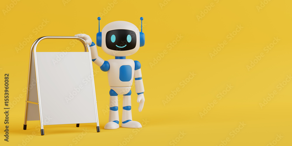 Poster communication and promotion concept. cute friendly ai robot mascot standing with blank metal signboa