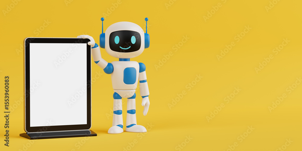 Poster Technology And Communication Concept. Cute Friendly AI Robot Mascot Standing With Blank Digital LCD Display. 3d Rendering