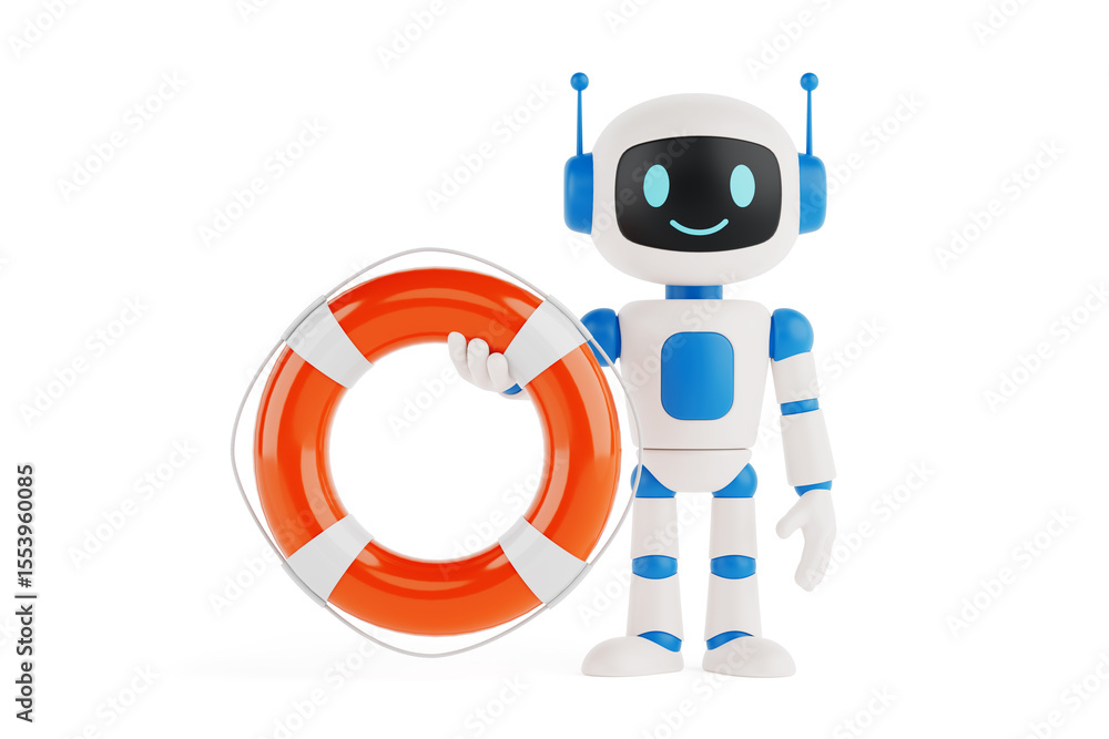 Poster support and safety concept. cute friendly ai robot mascot holding lifebuoy ring. 3d rendering