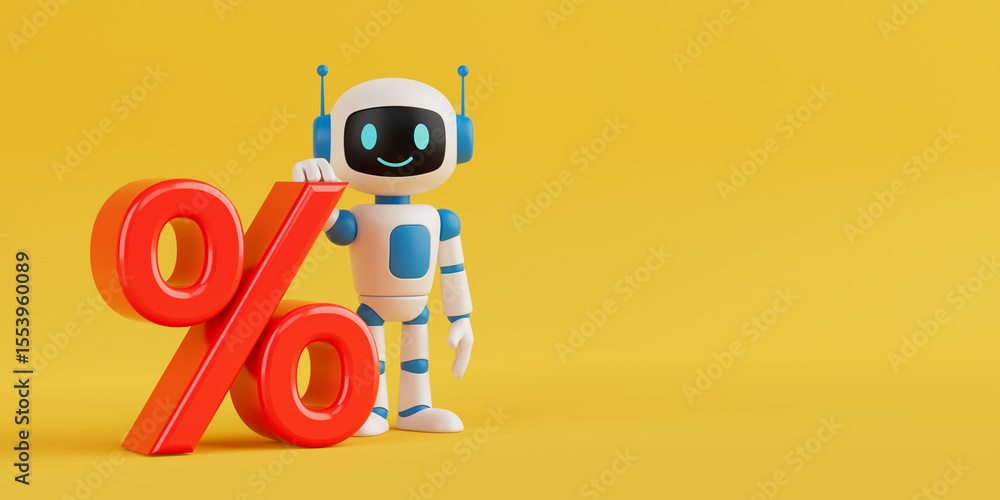 Poster finance and discount concept. cute friendly ai robot mascot standing with red percent symbol. 3d ren