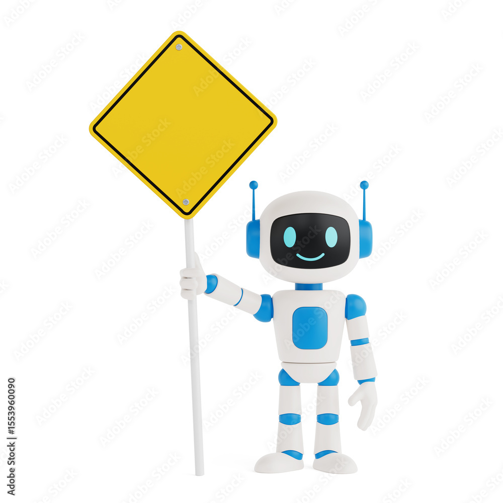Poster Technology And Caution Concept. Cute Friendly AI Robot Mascot Holding Blank Warning Road Sign. 3d Rendering