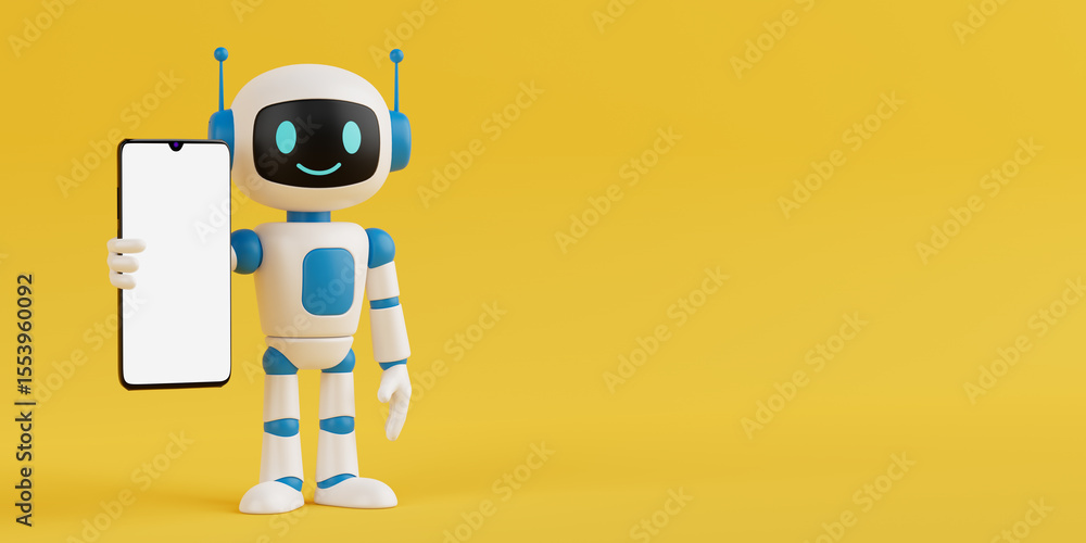 Poster Technology And Communication Concept. Cute Friendly AI Robot Mascot Holding Blank Smartphone With White Screen. 3d Rendering