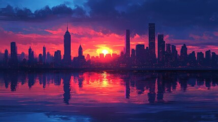 Obraz premium Vibrant cityscape silhouette mirroring onto tranquil water during a captivating sunset