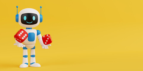 Chance And Decision Making Concept. Cute Friendly AI Robot Mascot Holding Red Dice In Both Hands....